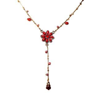 Dainty Vintage Red Flower Drop Necklace